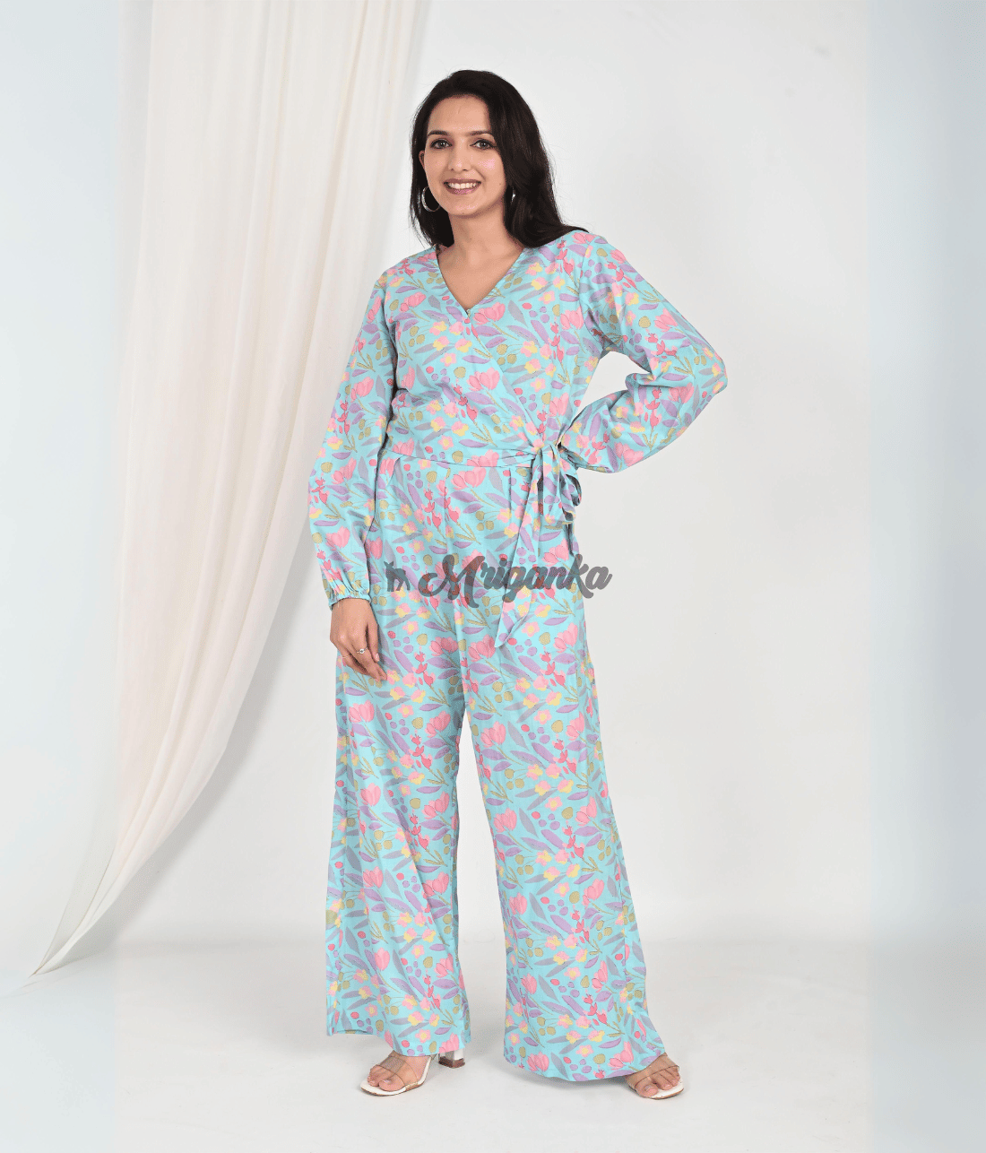 Shop Stylish Floral Co Ord Sets Online at Mriganka | Sea Green Crop Top with Pure Cotton Palazzo