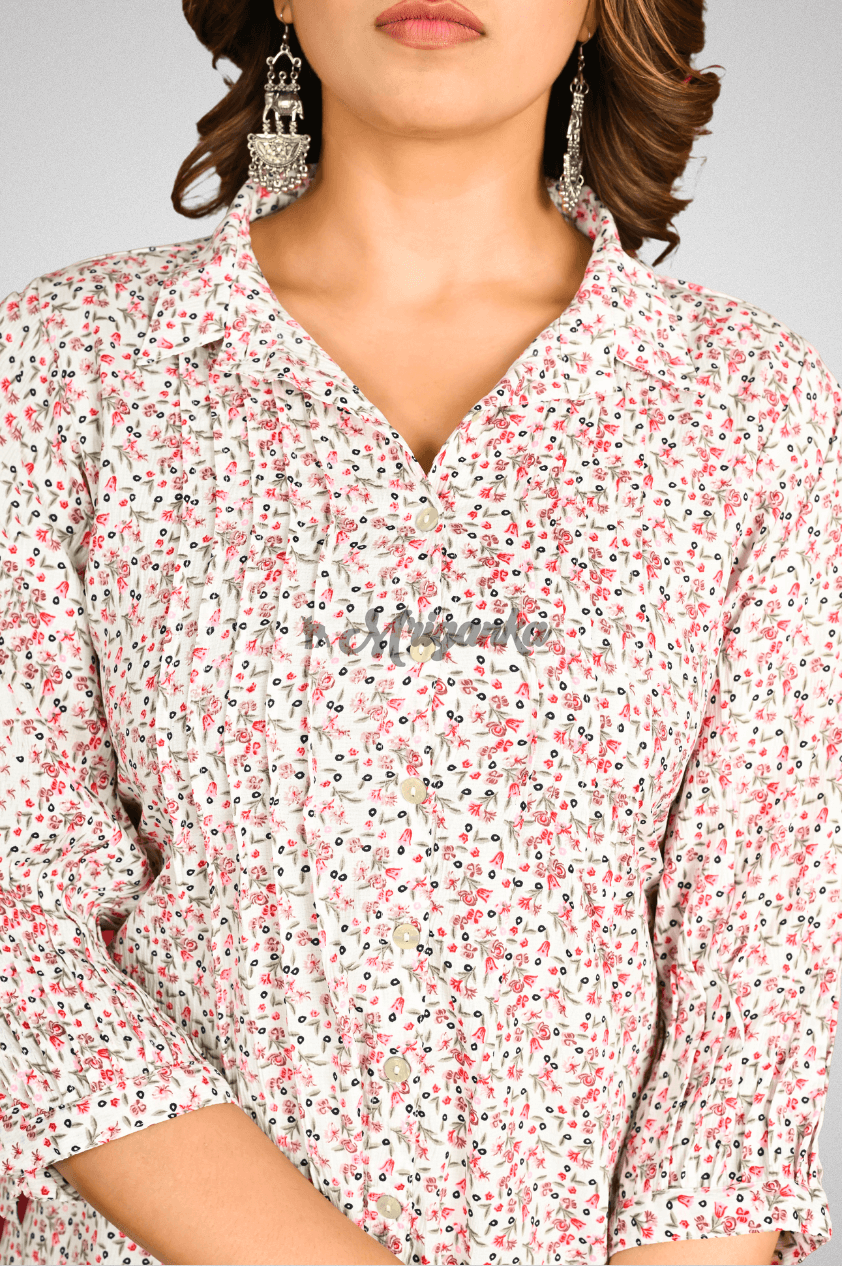 Floral Beige Co-Ord Set with Tucks | Shop Stylish Sets at Mriganka