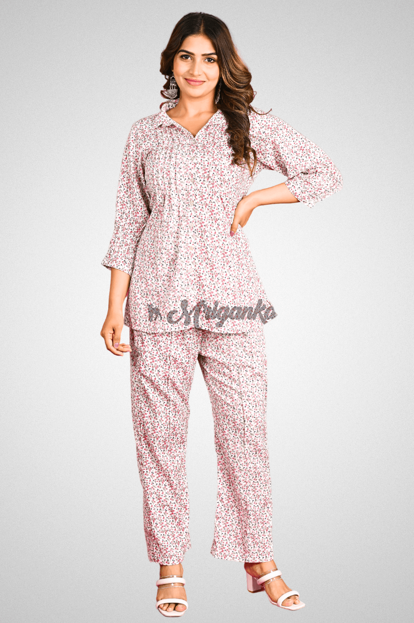 Floral Beige Co-Ord Set with Tucks | Shop Stylish Sets at Mriganka