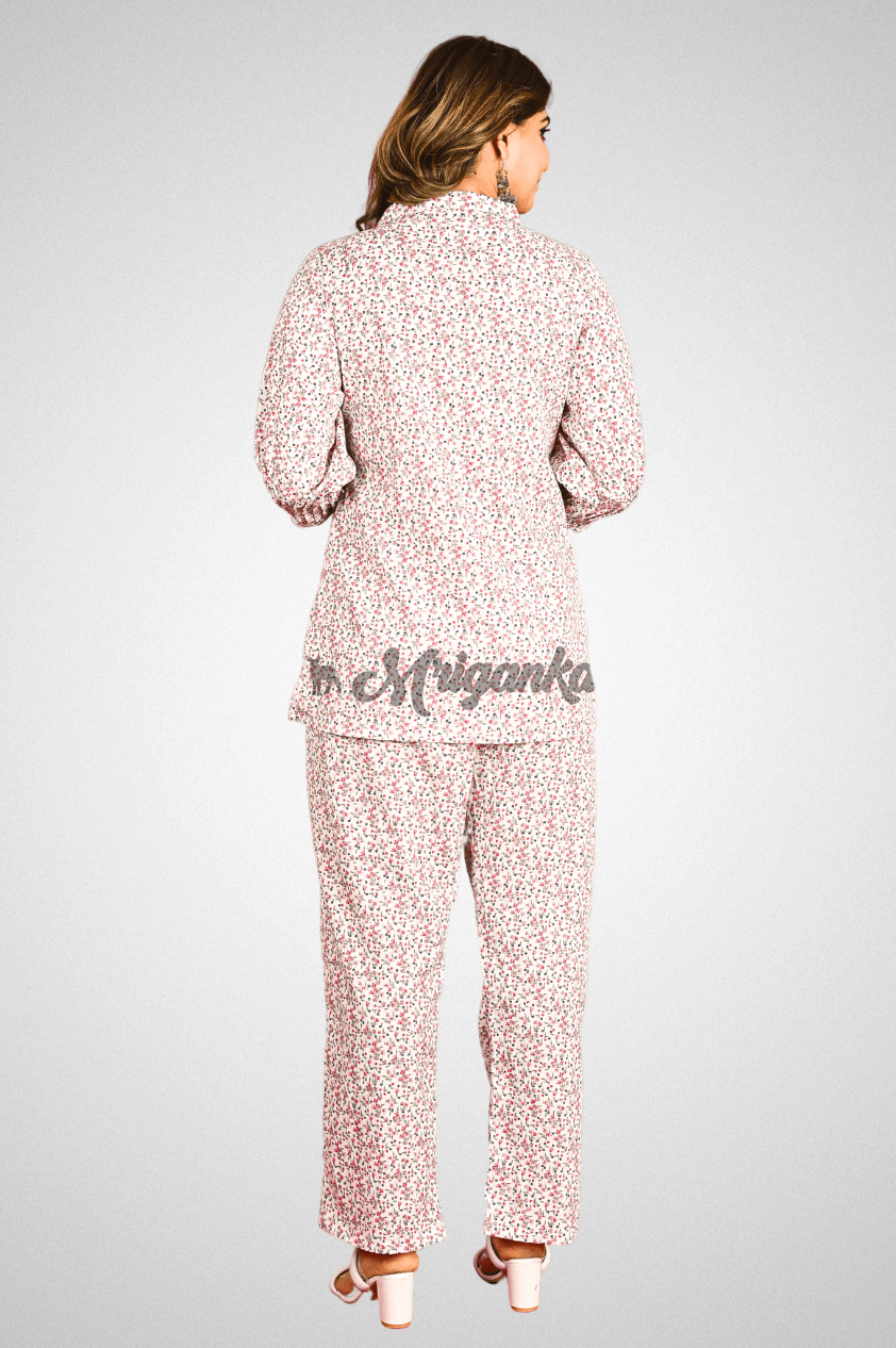 Floral Beige Co-Ord Set with Tucks | Shop Stylish Sets at Mriganka