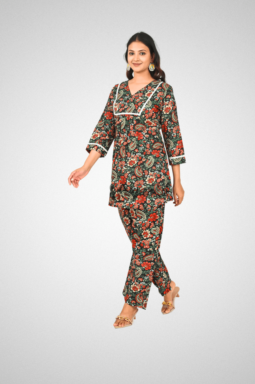 Black Cotton Co-ord Set | Gathered Top, Lace Detailing & Loose Pants - Mriganka