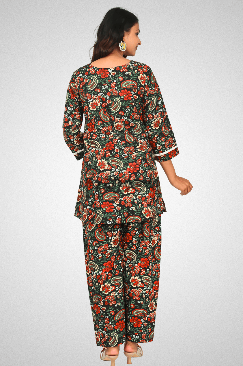 Black Cotton Co-ord Set | Gathered Top, Lace Detailing & Loose Pants - Mriganka