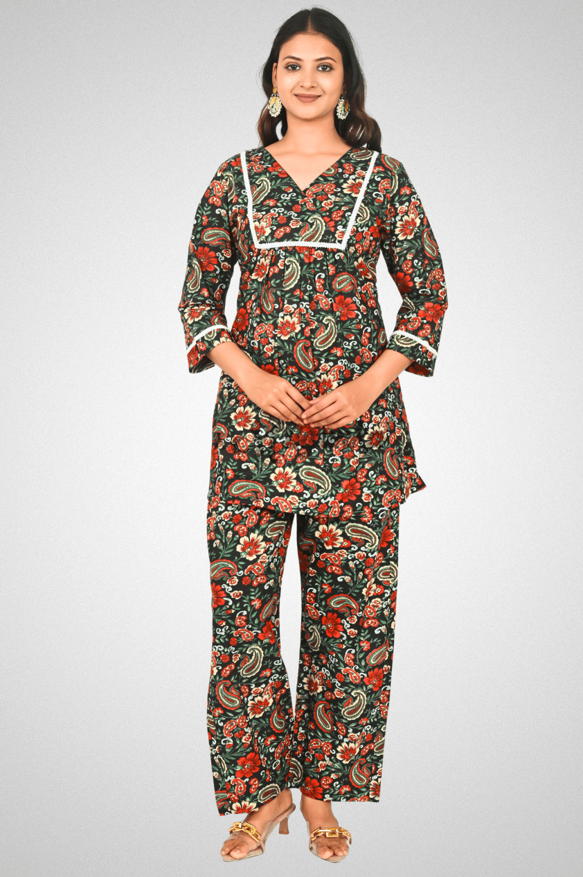 Black Cotton Co-ord Set | Gathered Top, Lace Detailing & Loose Pants - Mriganka