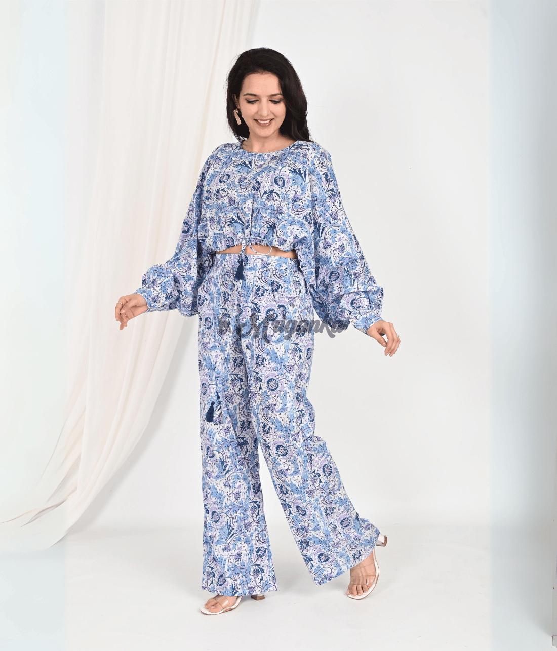 Shop Stylish Floral Co Ord Sets Online at Mriganka | Blue Crop Top with Pure Cotton Pants