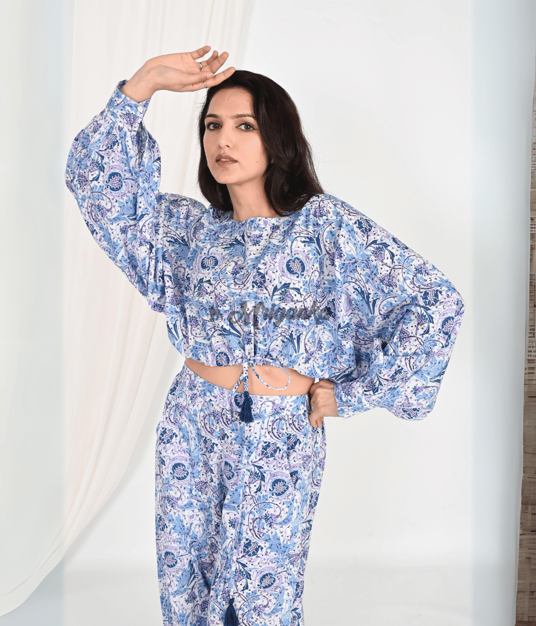 Shop Stylish Floral Co Ord Sets Online at Mriganka | Blue Crop Top with Pure Cotton Pants