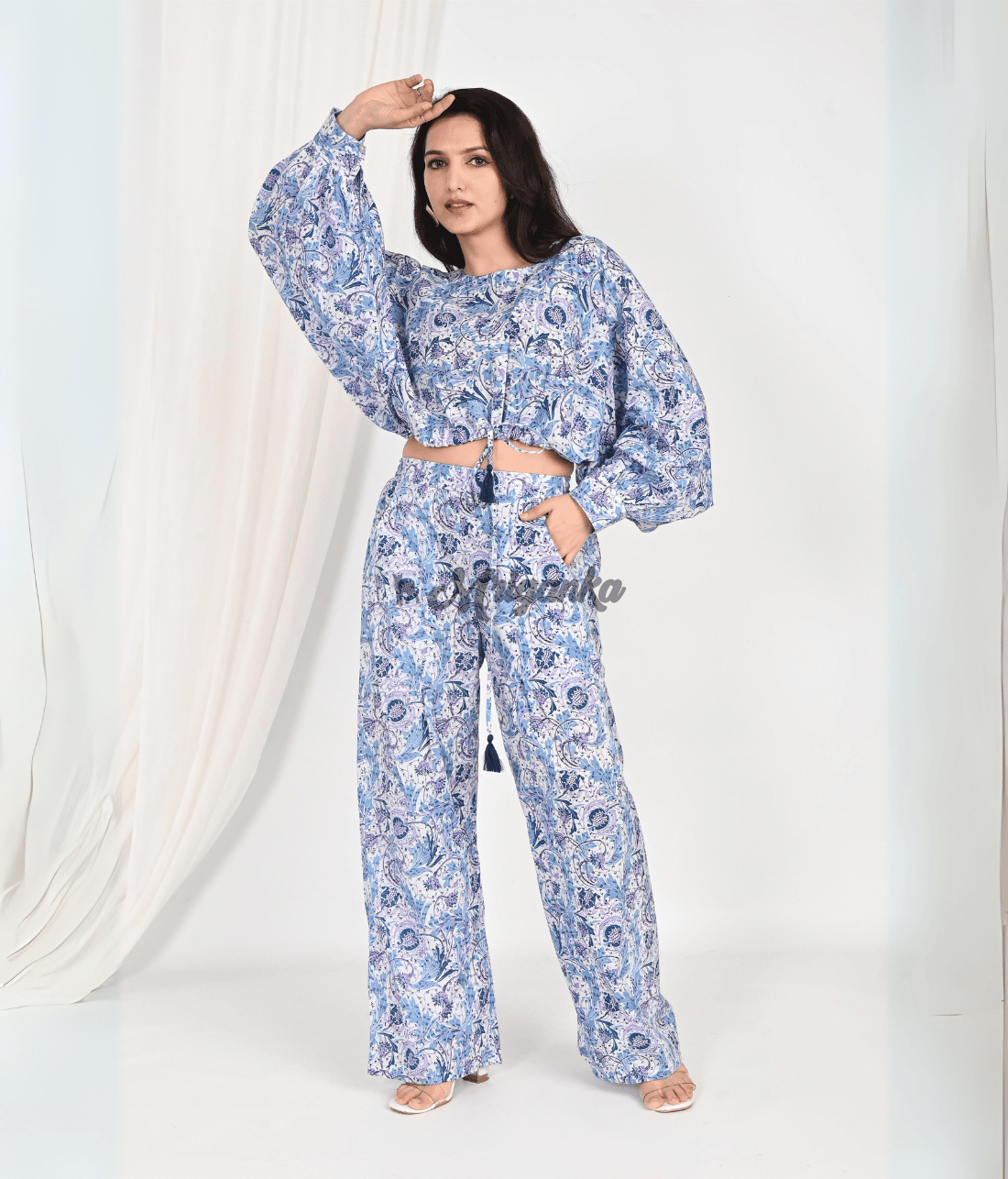 Shop Stylish Floral Co Ord Sets Online at Mriganka | Blue Crop Top with Pure Cotton Pants