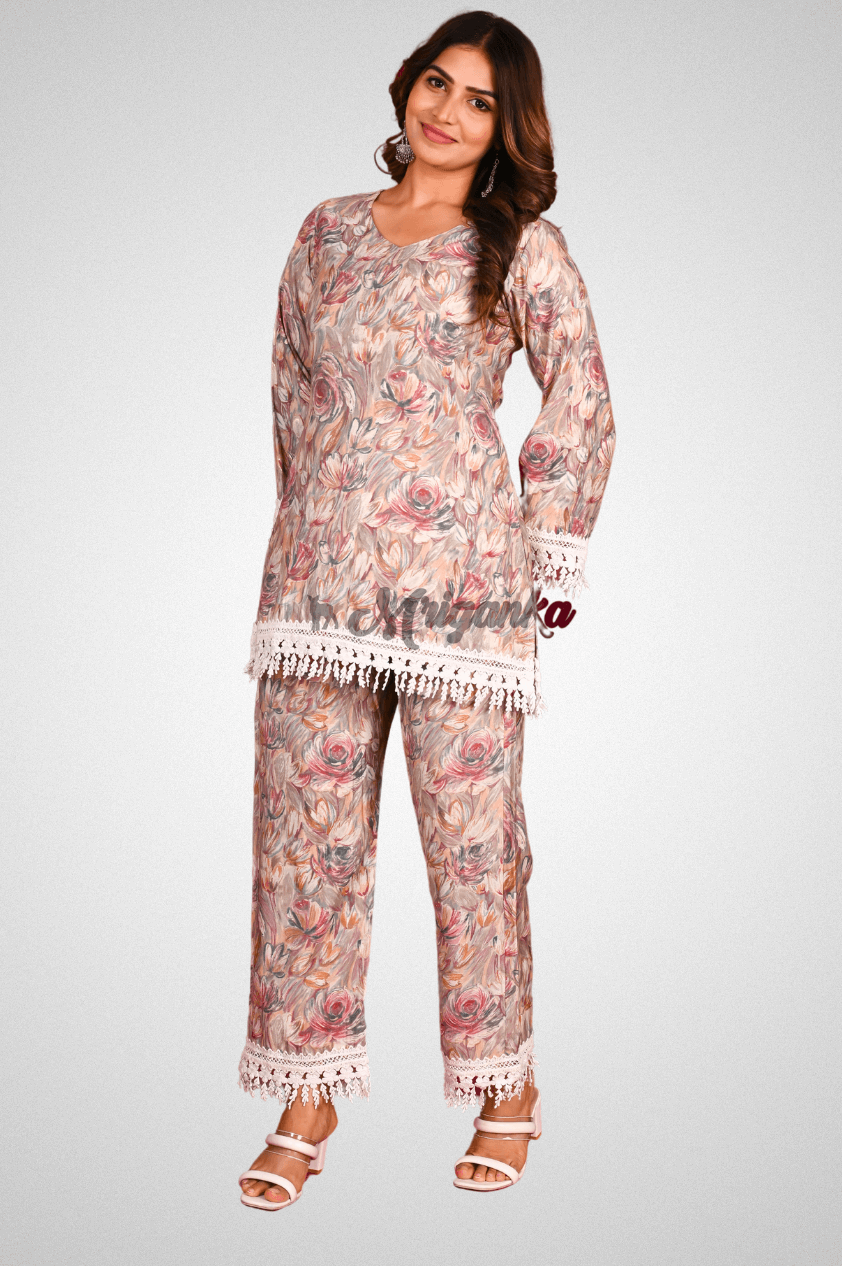 Buy Floral Co-ord Set with Lace Work | Mriganka