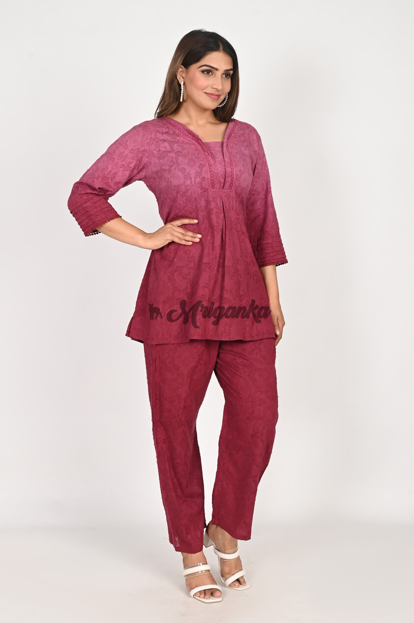 Stylish Maroon Co-ord Set | Pintucks & Lace Detailing - Buy from Mriganka