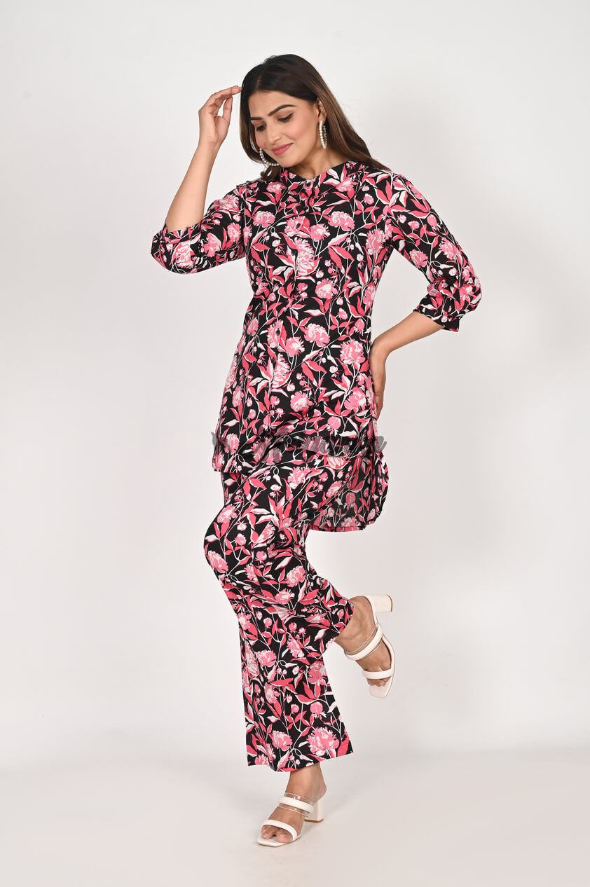 Shop Chic Pink Floral Co-ord Set with Collared Neck Design | Buy from Mriganka