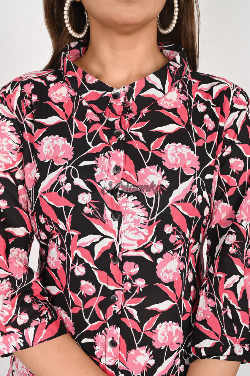 Shop Chic Pink Floral Co-ord Set with Collared Neck Design | Buy from Mriganka