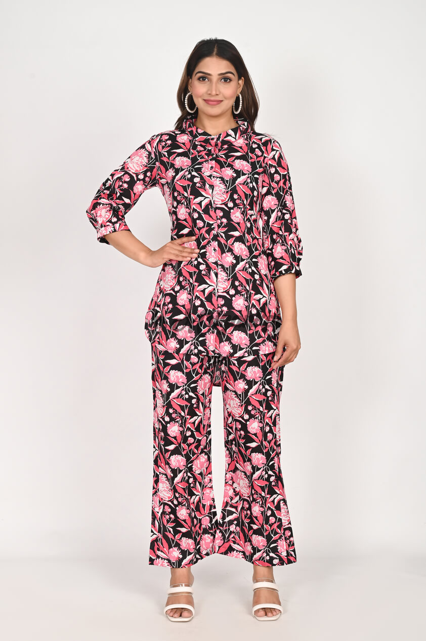 Shop Chic Pink Floral Co-ord Set with Collared Neck Design | Buy from Mriganka