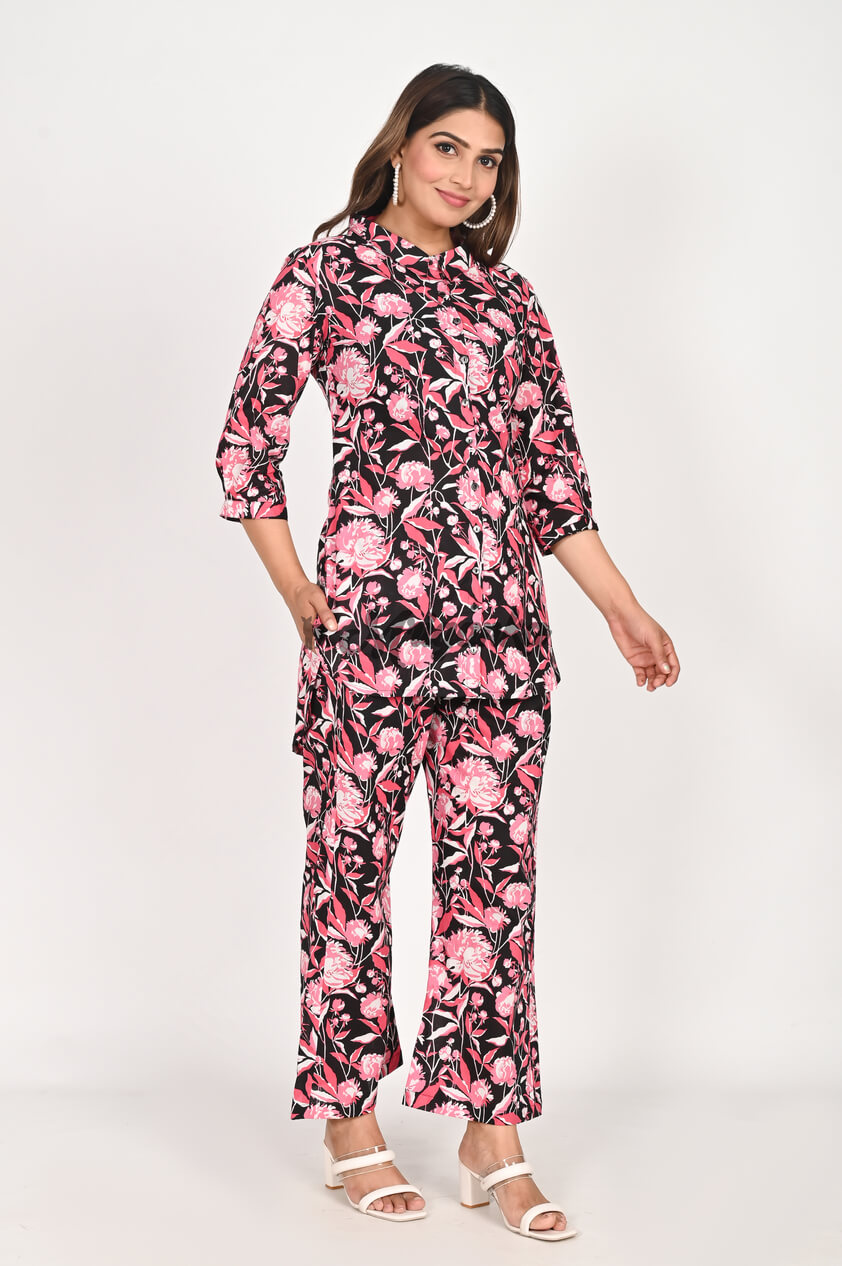 Shop Chic Pink Floral Co-ord Set with Collared Neck Design | Buy from Mriganka