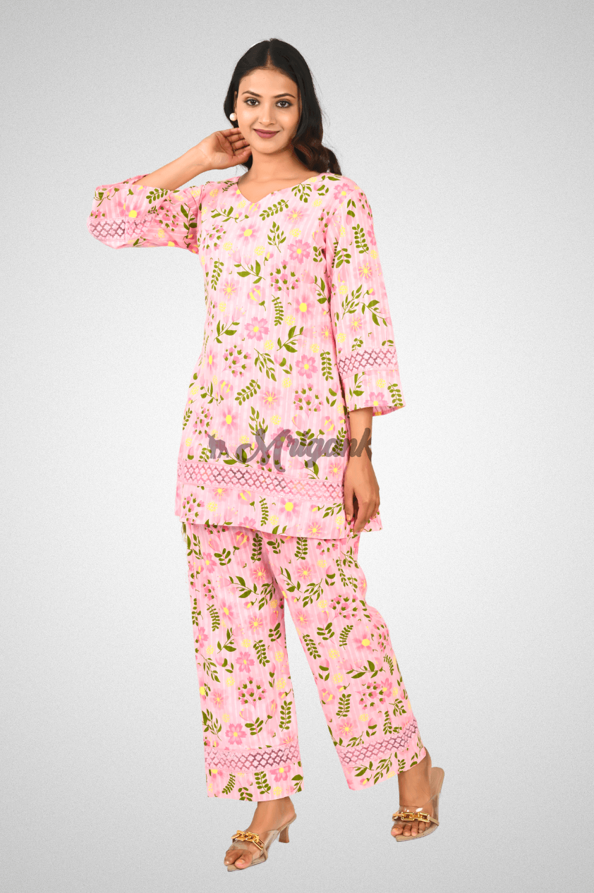 Pink Floral Cotton Co-Ord Set | Lace Detailing, Bell Sleeves & Inner Lining | Mriganka
