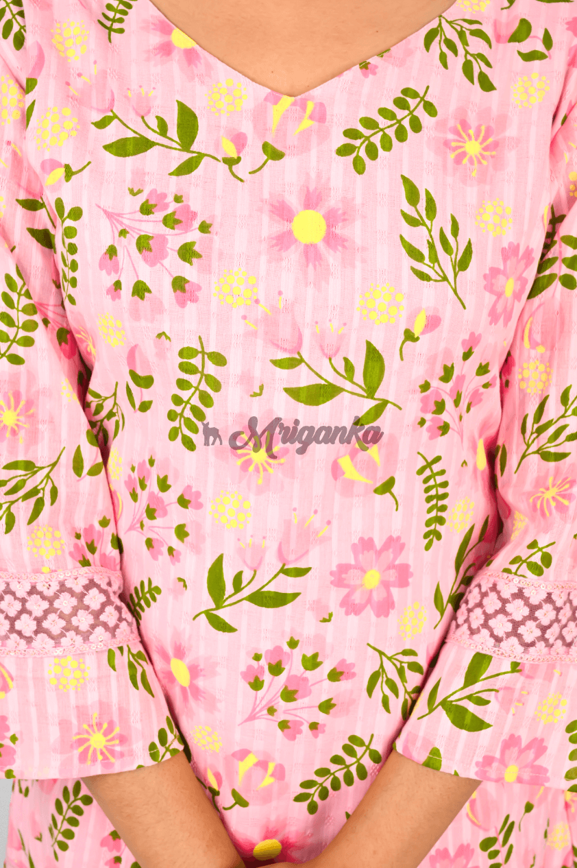 Pink Floral Cotton Co-Ord Set | Lace Detailing, Bell Sleeves & Inner Lining | Mriganka