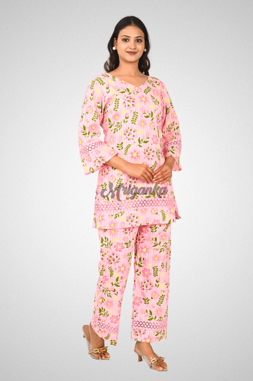 Pink Floral Cotton Co-Ord Set | Lace Detailing, Bell Sleeves & Inner Lining | Mriganka