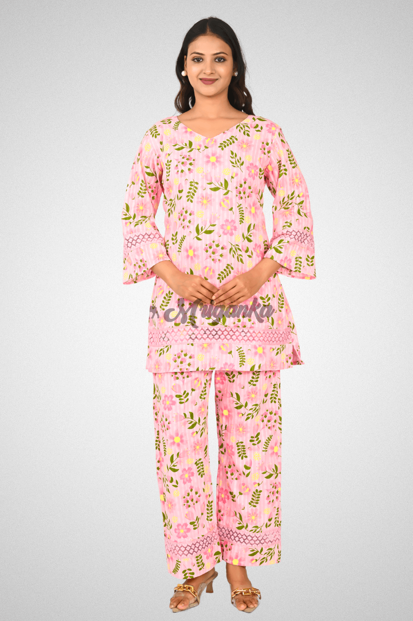Pink Floral Cotton Co-Ord Set | Lace Detailing, Bell Sleeves & Inner Lining | Mriganka