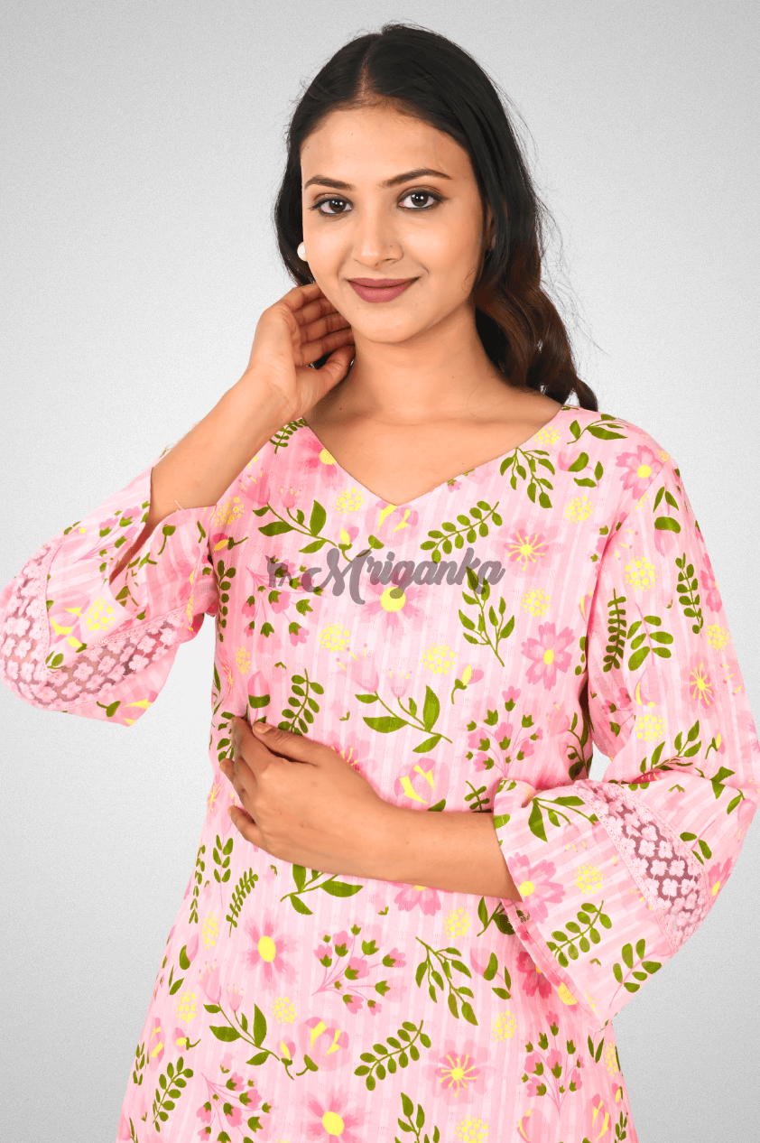 Pink Floral Cotton Co-Ord Set | Lace Detailing, Bell Sleeves & Inner Lining | Mriganka