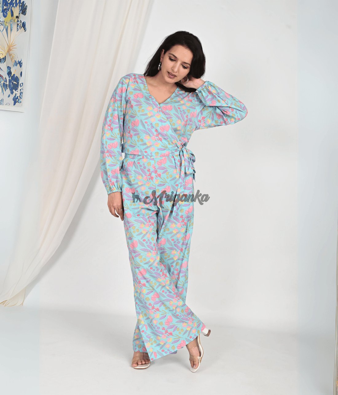 Shop Stylish Floral Co Ord Sets Online at Mriganka | Sea Green Crop Top with Pure Cotton Palazzo