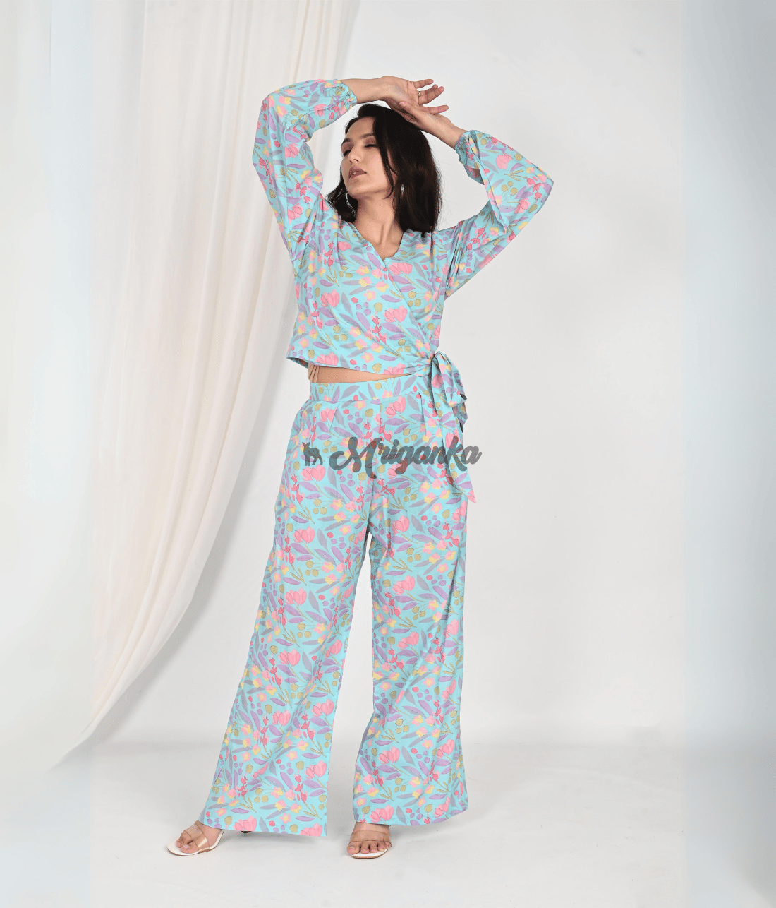 Shop Stylish Floral Co Ord Sets Online at Mriganka | Sea Green Crop Top with Pure Cotton Palazzo