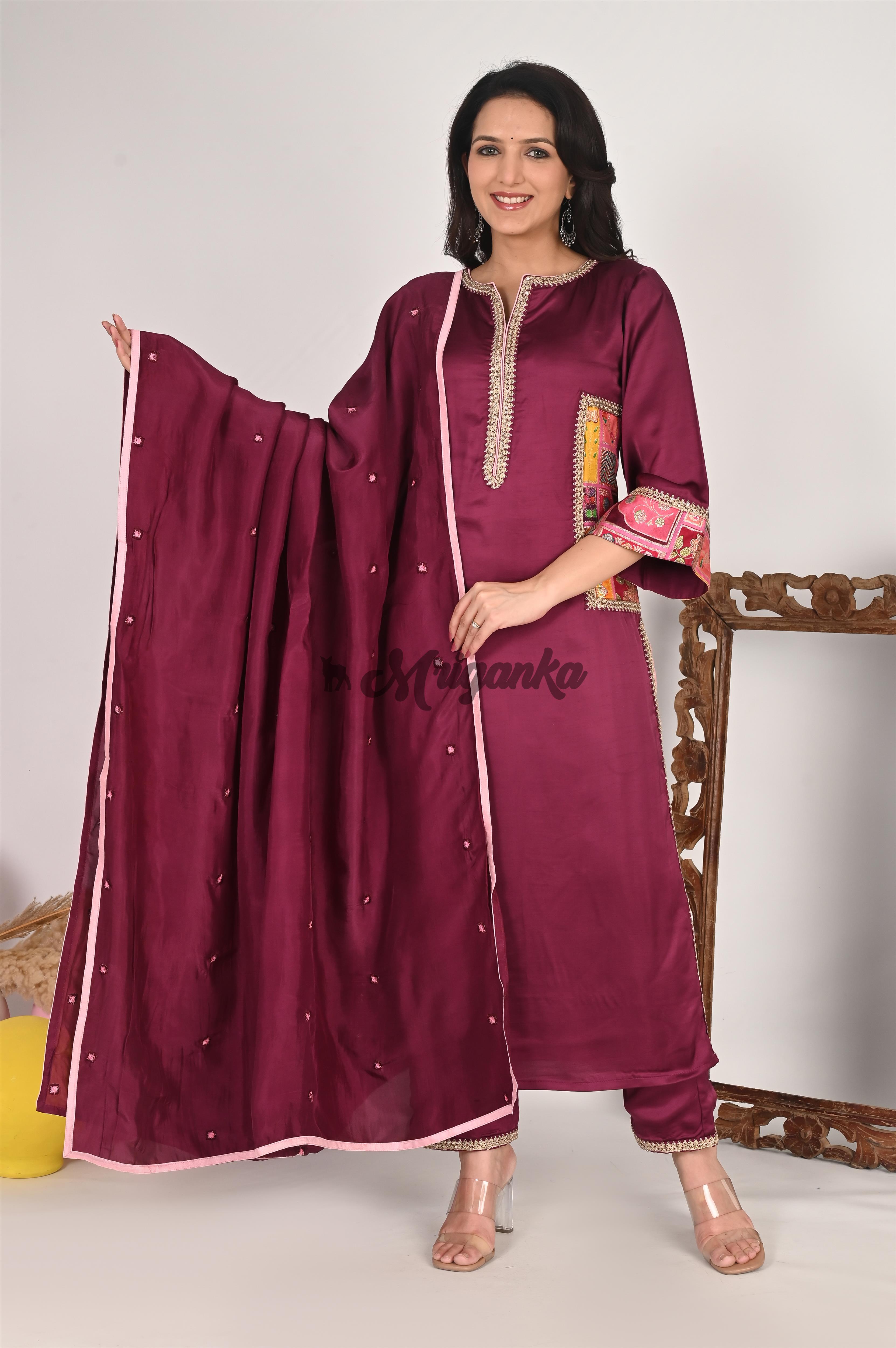Linen Satin Suit Set in Wine Color | Buy at Mriganka