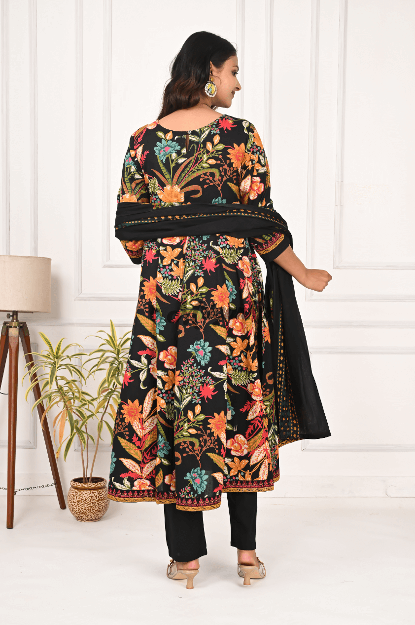 Black Floral Cotton Anarkali Suit with Embroidery & Dupatta | Mriganka