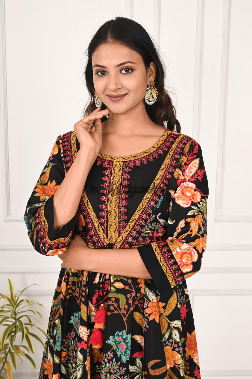 Black Floral Cotton Anarkali Suit with Embroidery & Dupatta | Mriganka