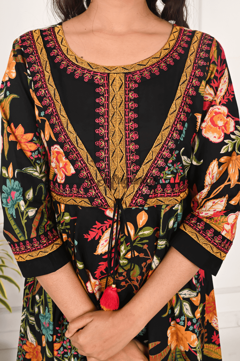 Black Floral Cotton Anarkali Suit with Embroidery & Dupatta | Mriganka