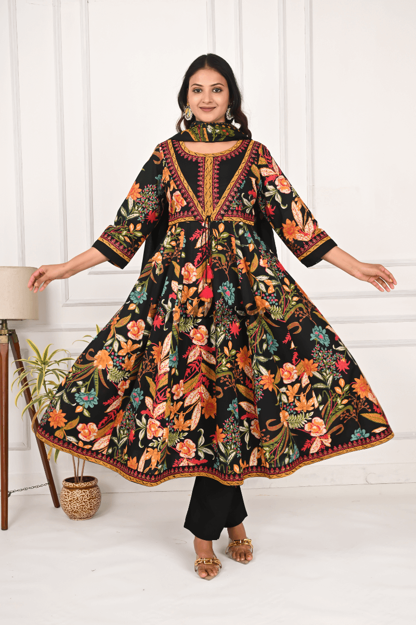 Black Floral Cotton Anarkali Suit with Embroidery & Dupatta | Mriganka