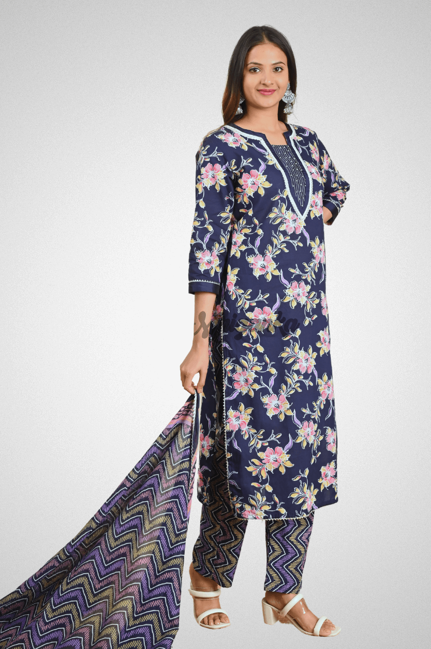 Blue Cotton Straight Suit Set with Sequence, Lace Work & Bijiya Dupatta by Mriganka