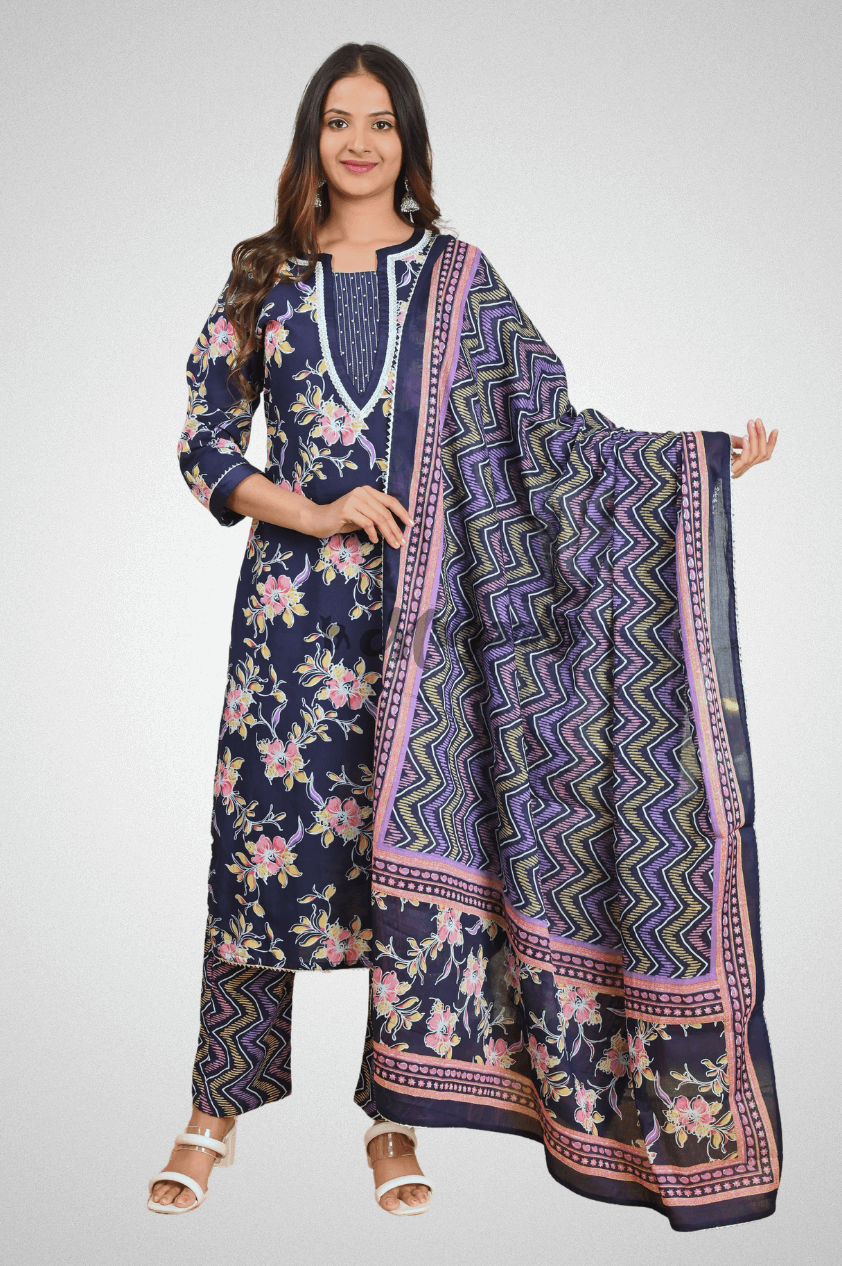 Blue Cotton Straight Suit Set with Sequence, Lace Work & Bijiya Dupatta by Mriganka