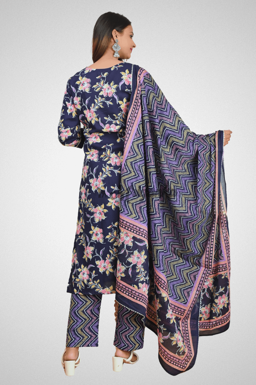 Blue Cotton Straight Suit Set with Sequence, Lace Work & Bijiya Dupatta by Mriganka