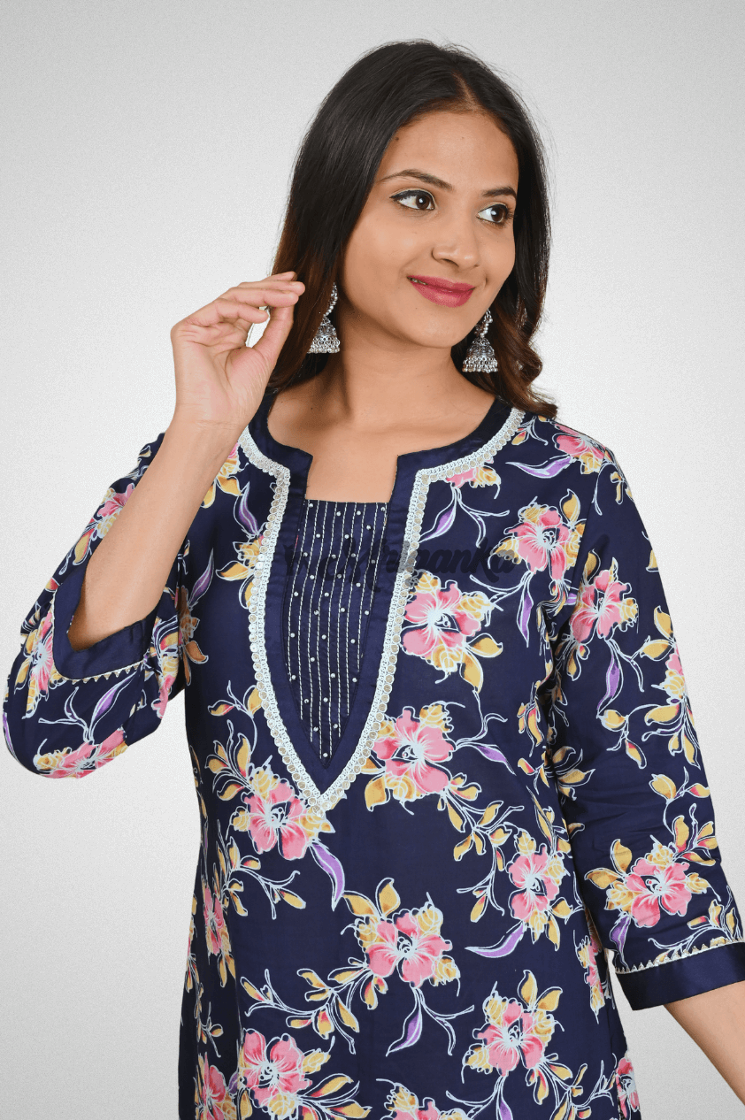 Blue Cotton Straight Suit Set with Sequence, Lace Work & Bijiya Dupatta by Mriganka