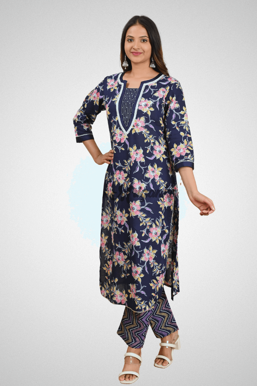 Blue Cotton Straight Suit Set with Sequence, Lace Work & Bijiya Dupatta by Mriganka