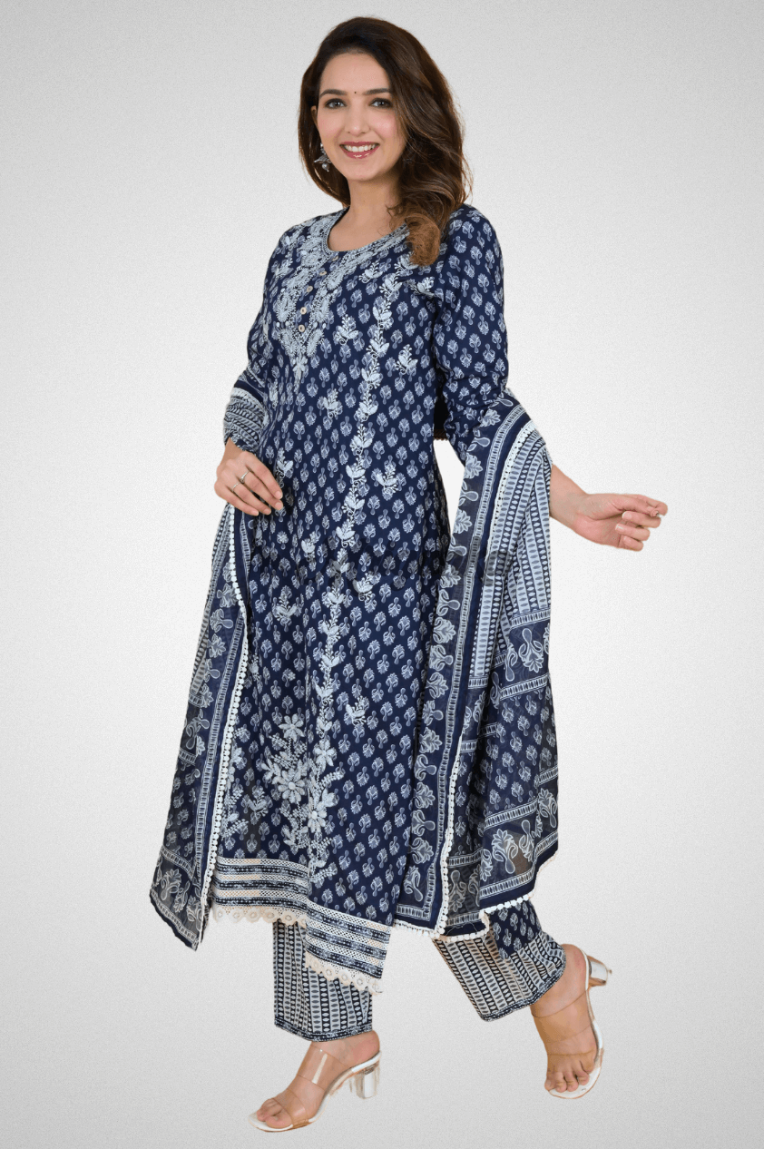 Embroidered Cotton Straight Kurta with Pant Dupatta Set