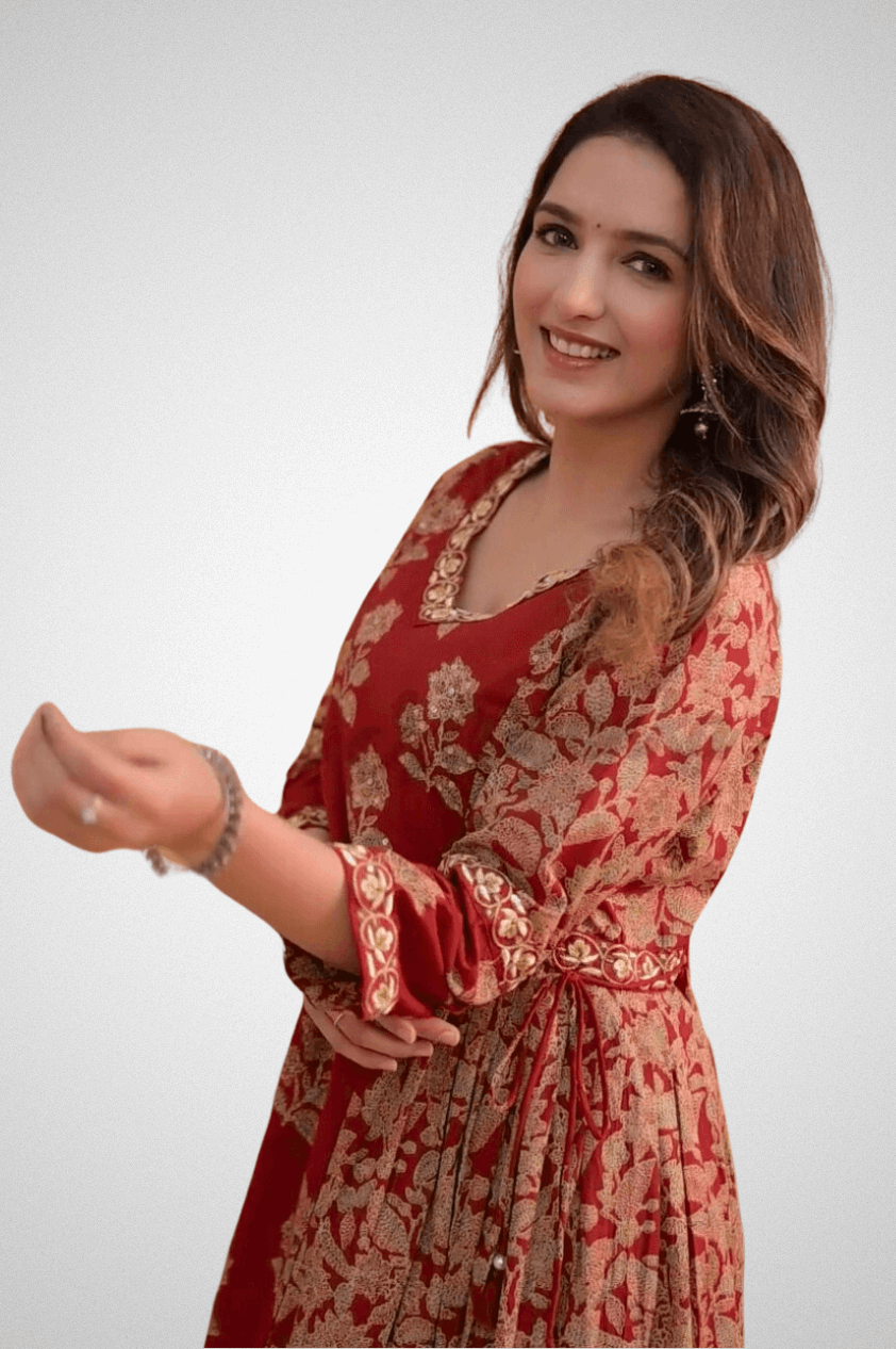 Shop Elegant Flared Suit Set with Exquisite Lace and Handwork by Mriganka