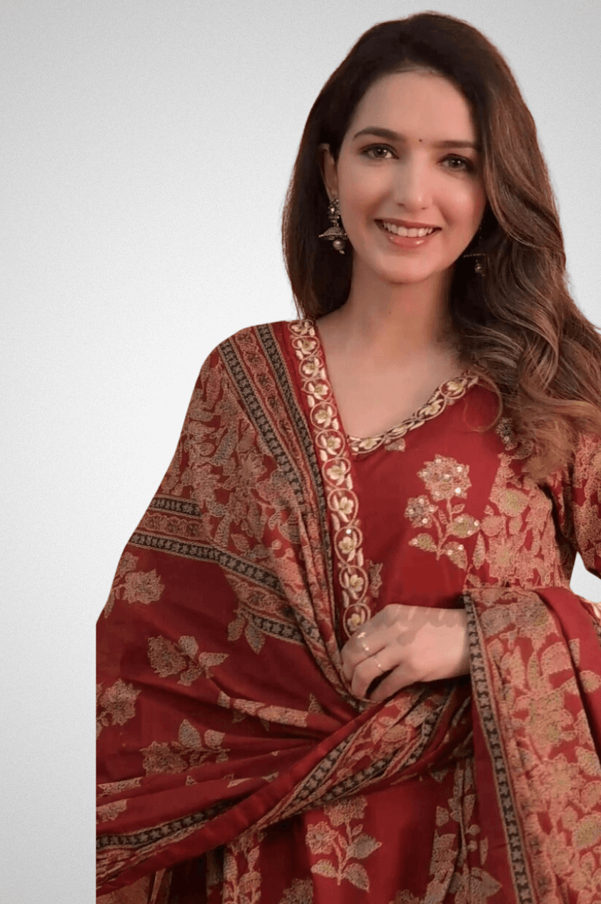 Shop Elegant Flared Suit Set with Exquisite Lace and Handwork by Mriganka