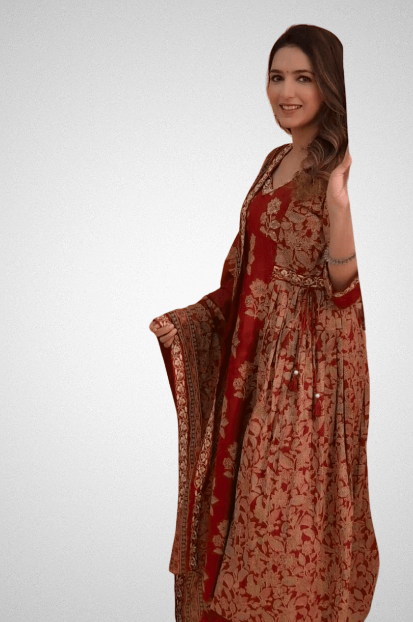Shop Elegant Flared Suit Set with Exquisite Lace and Handwork by Mriganka