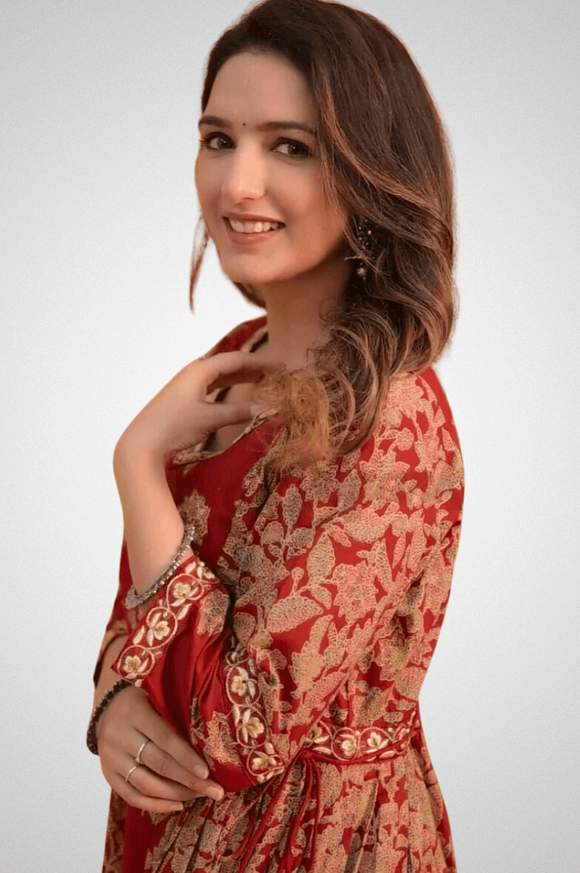 Shop Elegant Flared Suit Set with Exquisite Lace and Handwork by Mriganka
