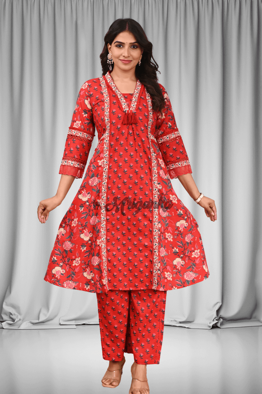 A Line Suit Set | Brick Red | Pocket | Embroidered Lace- Buy at Mriganka