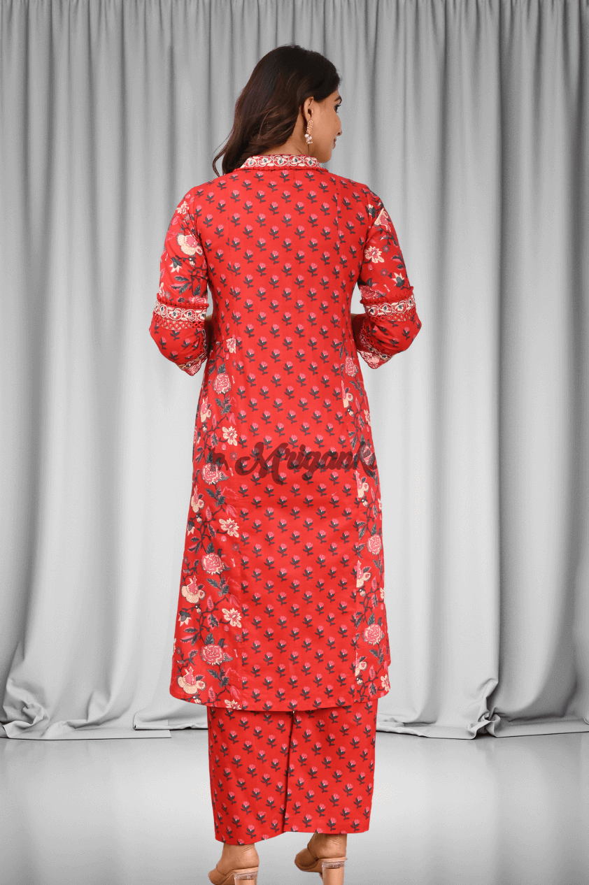A Line Suit Set | Brick Red | Pocket | Embroidered Lace- Buy at Mriganka
