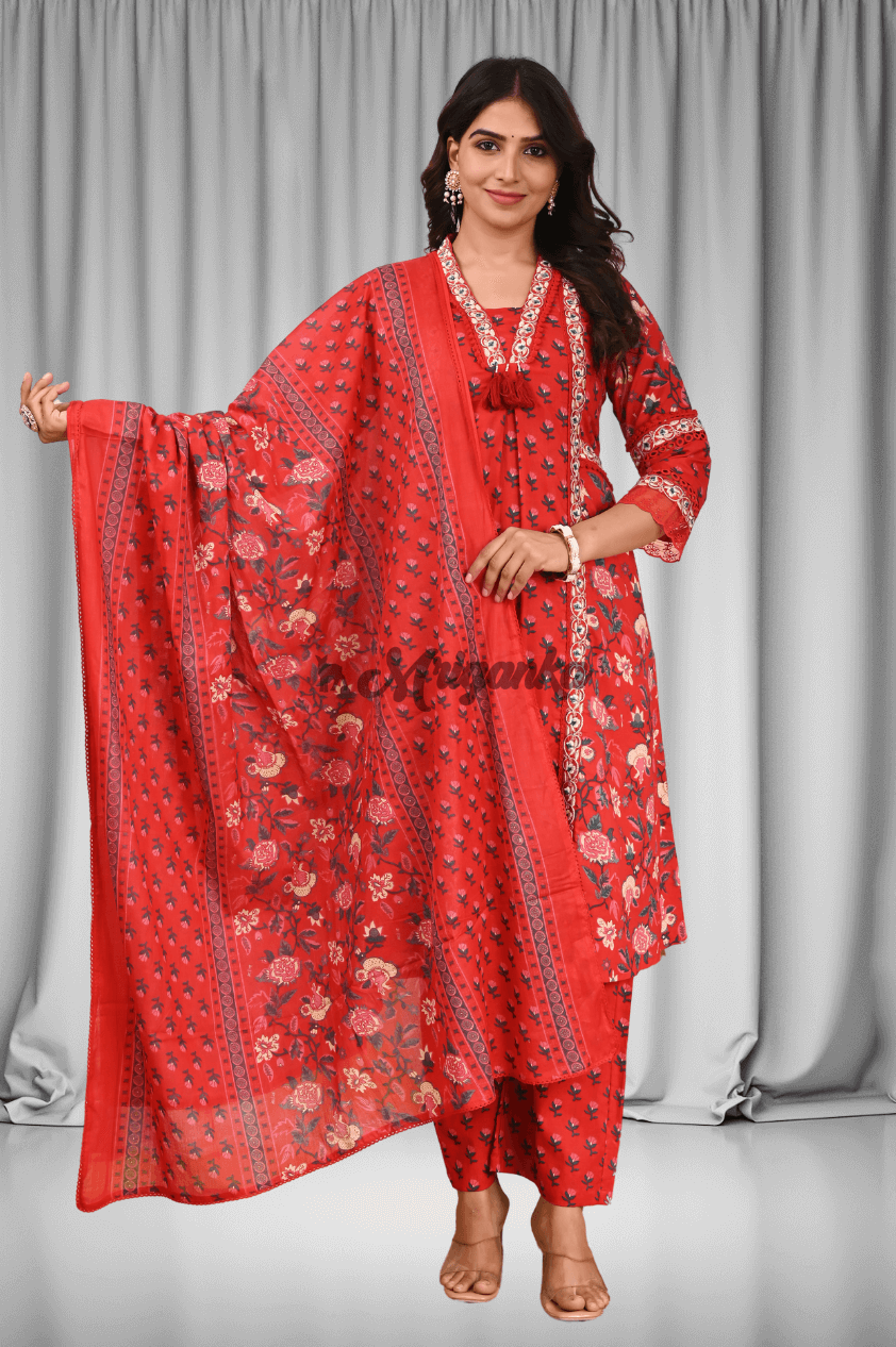A Line Suit Set | Brick Red | Pocket | Embroidered Lace- Buy at Mriganka