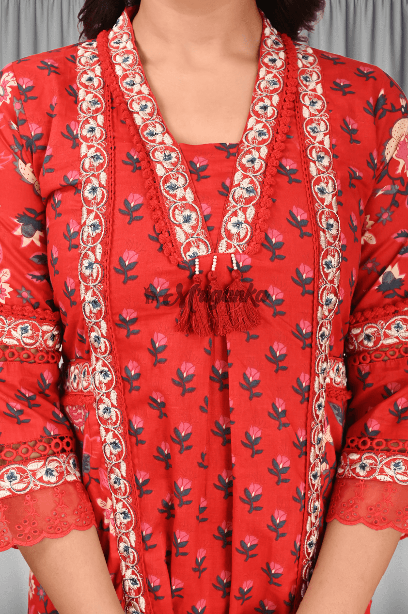 A Line Suit Set | Brick Red | Pocket | Embroidered Lace- Buy at Mriganka