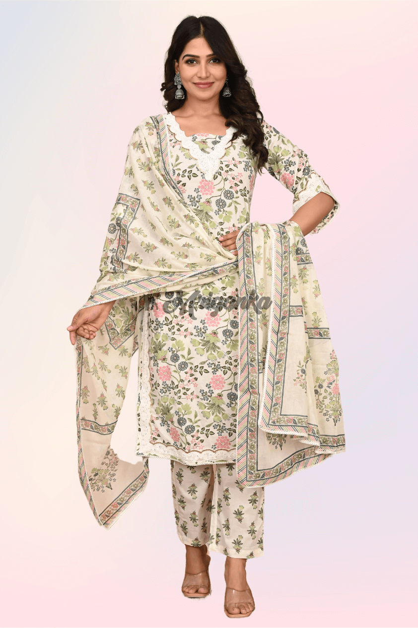 Straight Kurta Set | Pure Cotton Fabric | Floral Pattern - Buy at Mriganka