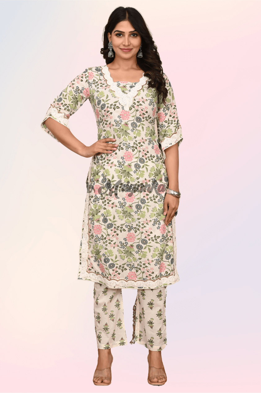 Straight Kurta Set | Pure Cotton Fabric | Floral Pattern - Buy at Mriganka