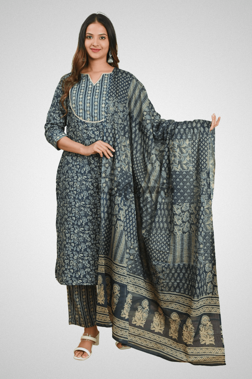 Green Cotton Straight Suit Set with Lace Yoke, Round Neck, Dupatta & Pocketed Pants by Mriganka