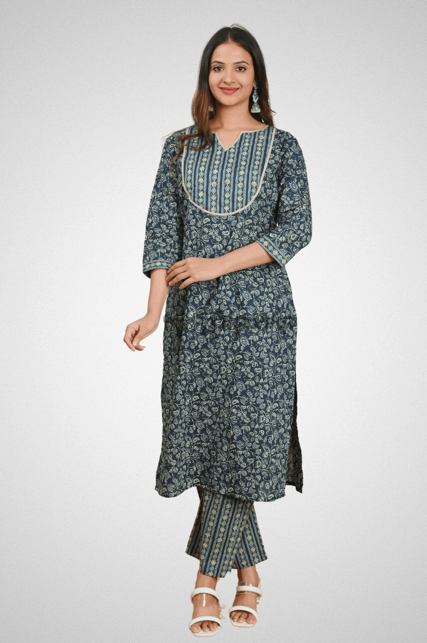 Green Cotton Straight Suit Set with Lace Yoke, Round Neck, Dupatta & Pocketed Pants by Mriganka