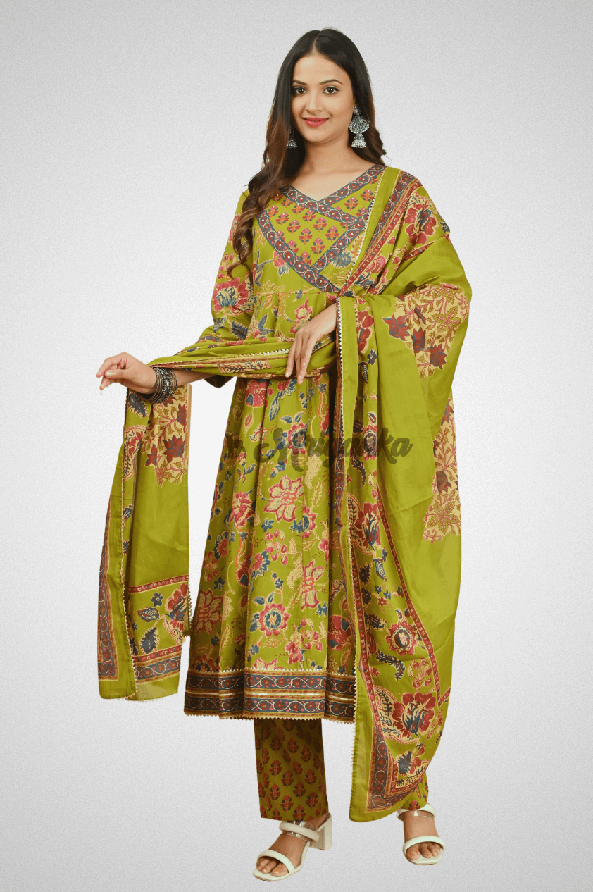 Elegant Green Cotton Anarkali Suit Set with Handwork & Lace Embellishments by Mriganka