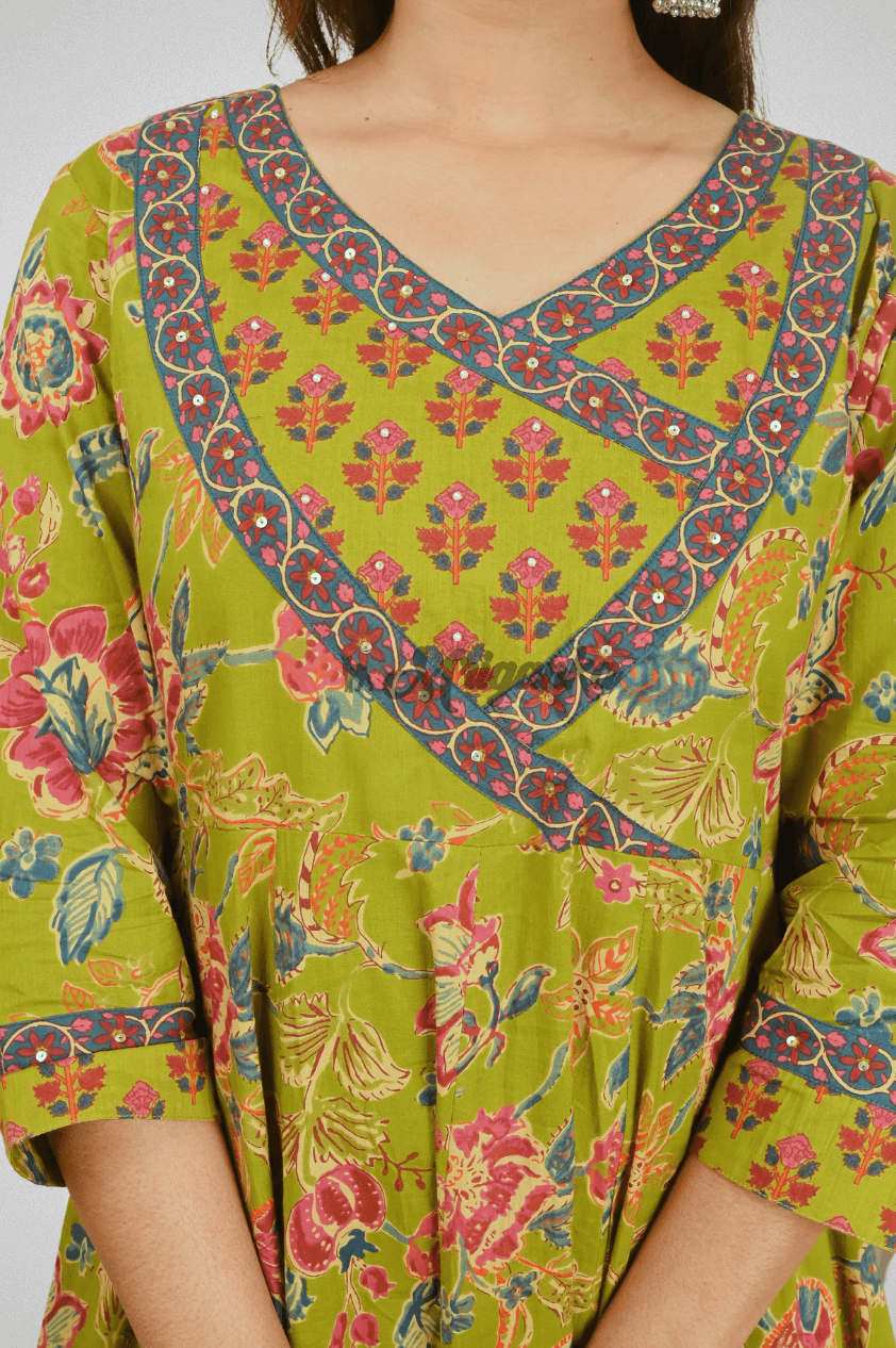 Elegant Green Cotton Anarkali Suit Set with Handwork & Lace Embellishments by Mriganka