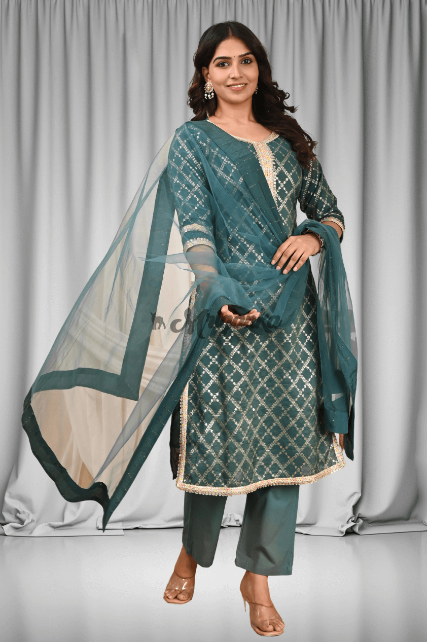 Straight Suit Set | Banarasi Silk | Lining & Lace Work- Buy at Mriganka