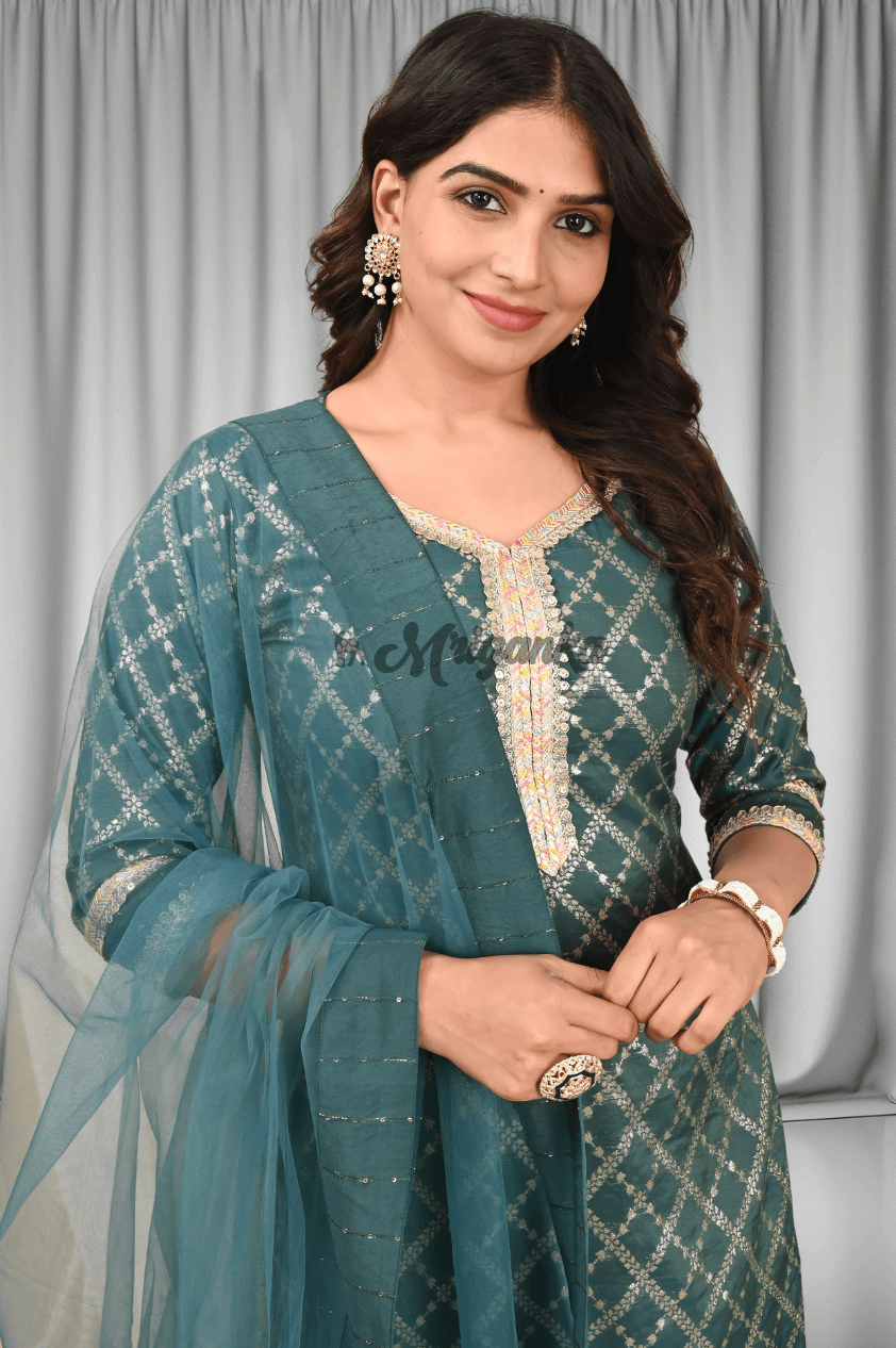 Straight Suit Set | Banarasi Silk | Lining & Lace Work- Buy at Mriganka